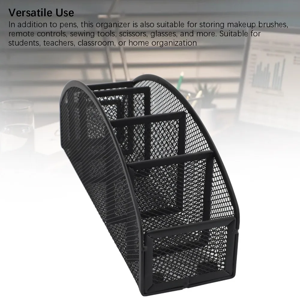 Simple Style Black Metal Pen Holder Mesh Metal Desk Organizer Curved 5 Grid 5 Compartment Storage Box Makeup Organizing
