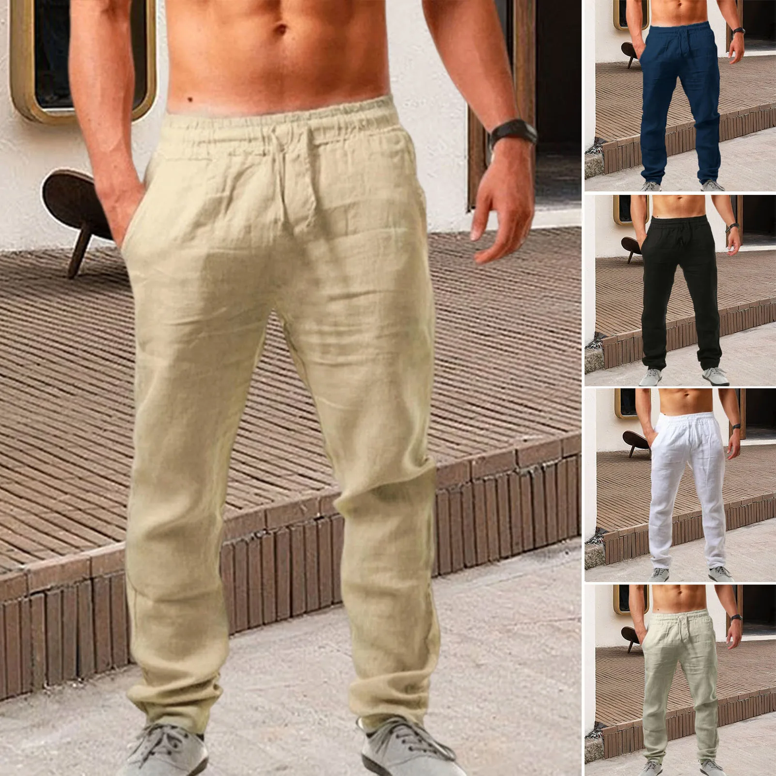 Mens Thin Style Cotton White Cargo Pants Male Spring New Breathable Solid Color Linen Trousers Fitness Streetwear Pantalon Homme