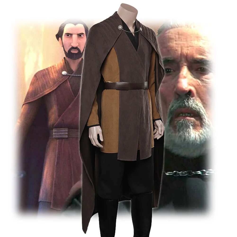 Conde Dooku Cosplay marrón oscuro Coak uniforme cinturón disfraz hombres bata cinturón trajes Halloween carnaval fiesta traje para hombre adulto