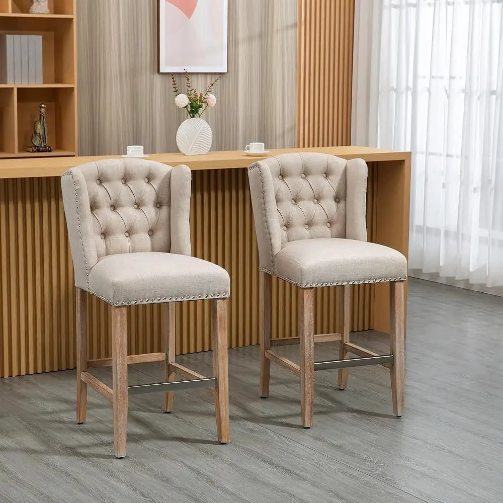 Comfortable Upholstered Bar Stools Set of 2 Kitchen Counter Height Stools Solid Wood Legs Farmhouse Design Breakfast Bar Chairs