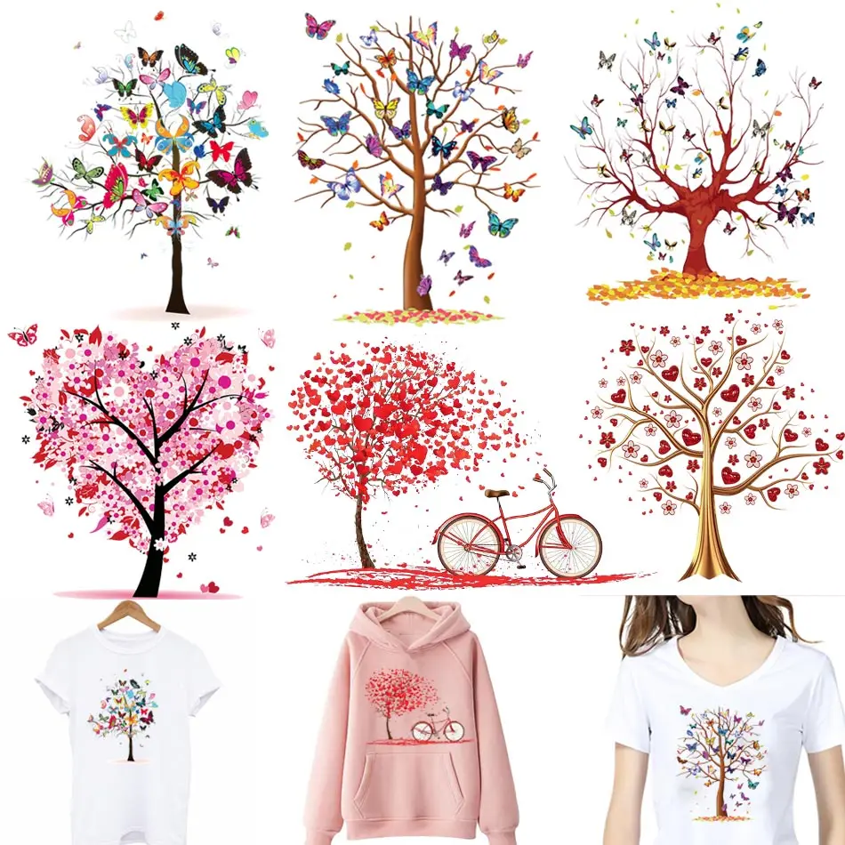 Colorful Tree Iron On Transfer For Clothing DIY Washable Thermal Sticker On T-shirt Beautiful Butterflies Patches On Clothes Top