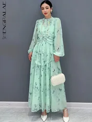 SHENGPALAE Chiffon Printed Long Dress For Women Spliced Large Swing Skirt Gentle Ladies Elegant Dresses 2024 Spring New 5R9628