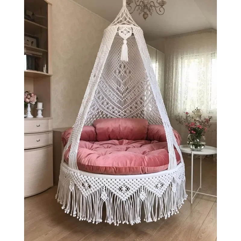 

Modern design adult Macrame hammock swing chair, made of cotton thread and metal rings, outdoor wholesale price