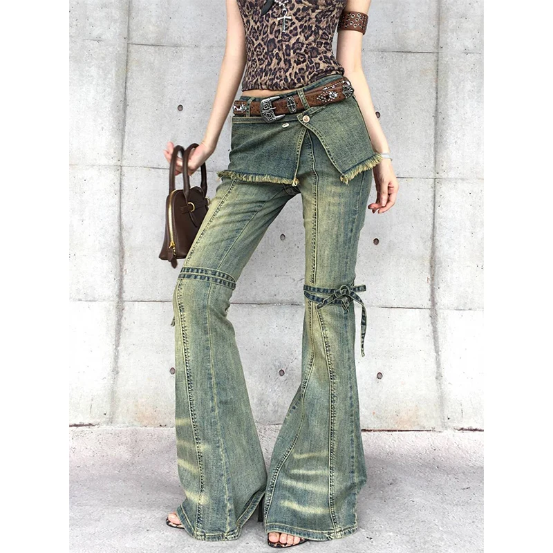 

Женские винтажные синие мешковатые джинсы-карго из двух частей Harajuku Y2k 90-х Эстетические джинсовые брюки с высокой талией Брюки оверсайз 2000-х годов