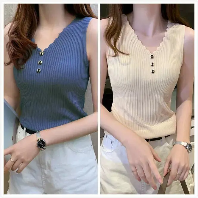 

Модные летние вязаные майки без рукавов с v-образным вырезом из ледяного шелка, повседневный жилет, майки для женщин с пуговицами, женские майки D65