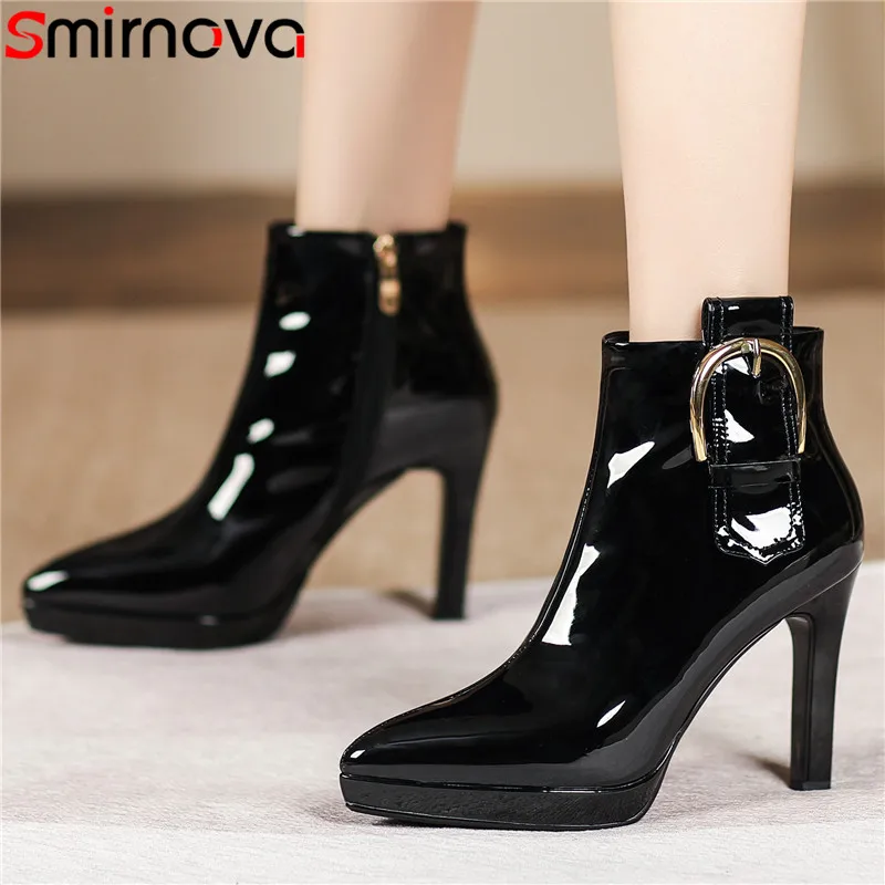 

Smirnova 2023 New Buckle Pointed Toe Platform Boots Elegant Patent Leather Zipper Winter Boots Thin High Heels Ankle Boots