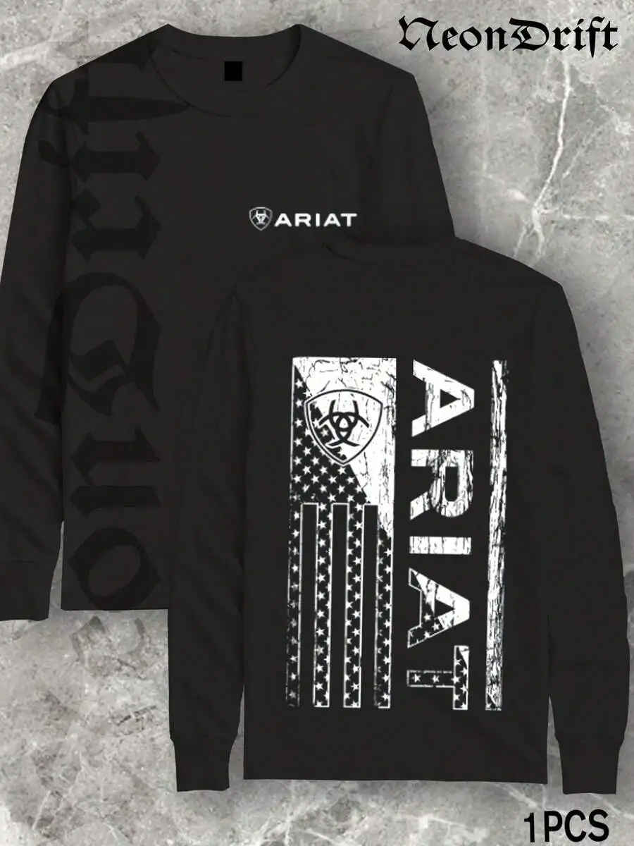 

Black Long Sleeve Graphic Tee with Distressed Flag & Biohazard Symbol Print, Urban Streetwear Style for Men