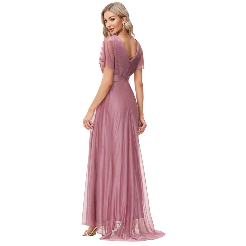 Prom Dress V-hals Chiffon Avondjurk A-lijn Plooi Cap Mouw Prom Dresses