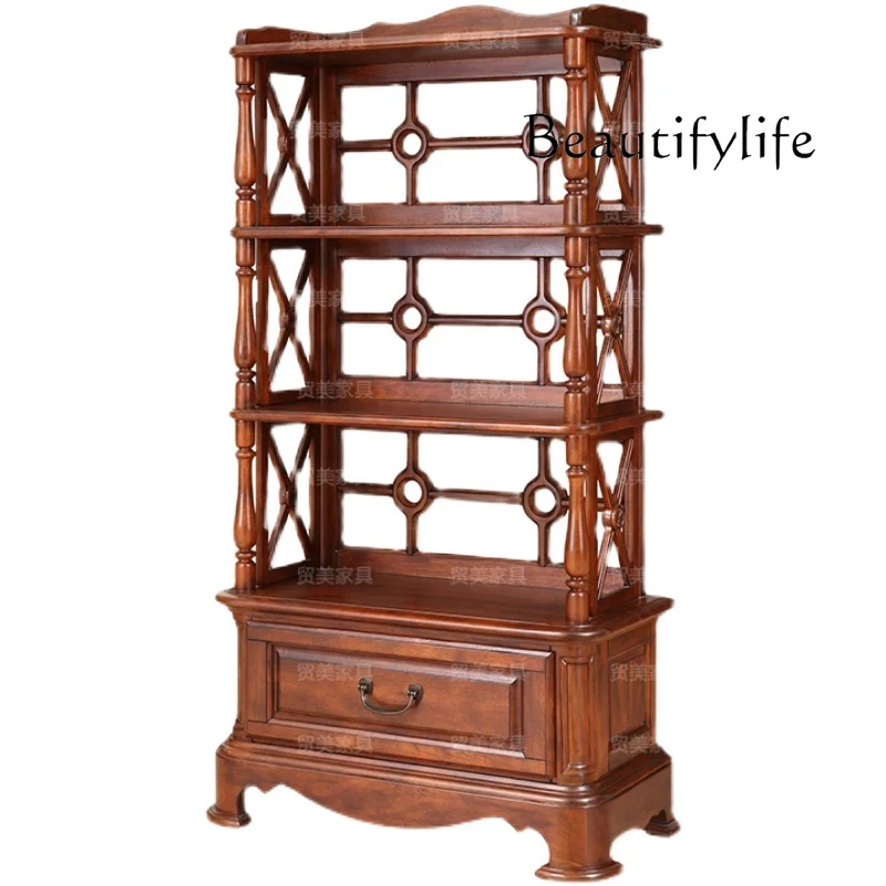 American-Style Solid Wood Storage Rack Floor Small Bookshelf Multi-Layer European Style Hallway Storage Rack Household