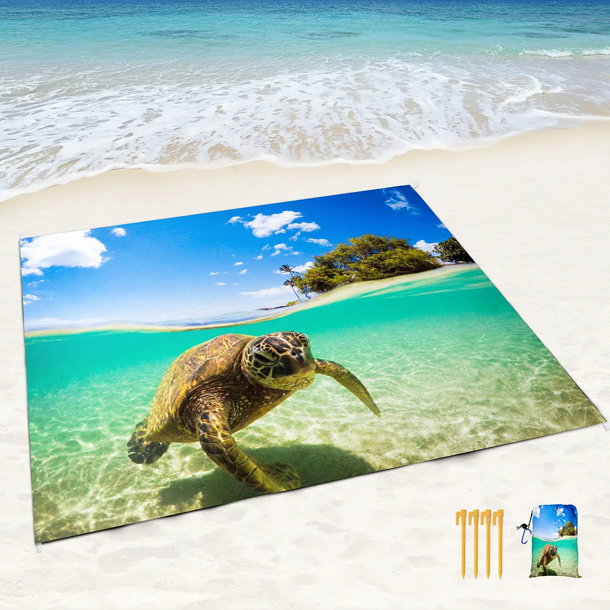 Sea Turtle Beach Blanket Sandproof Waterproof Sand Free Mat with Corner Pockets and Mesh Bag for Outdoor,Picnic,Travel,Beach