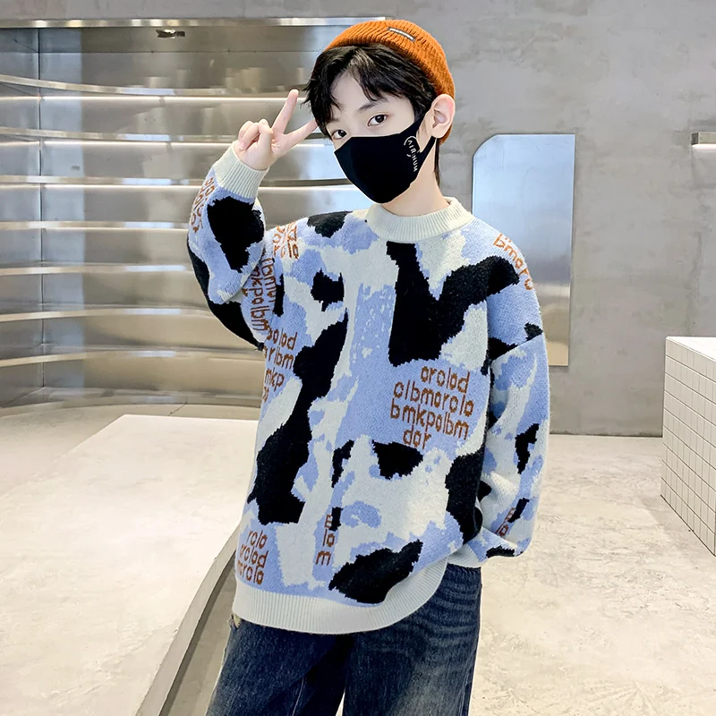 Korean Children Fashion Sweater for Tween Boy Casual Patchwork Knitwear Kids Stylish Autumn Winter Streetwear Knitted Clothing