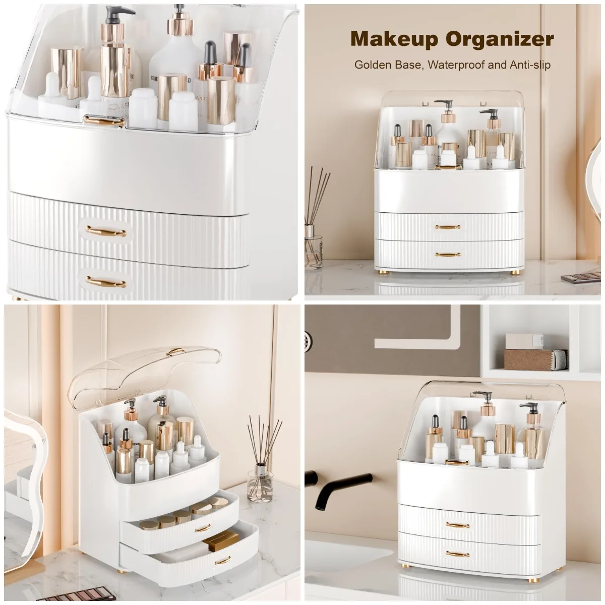 

Makeup Organizer with Transparent Lid Drawers, Waterproof & Dustproof Cosmetic Storage for Women, Teens, Girls – White