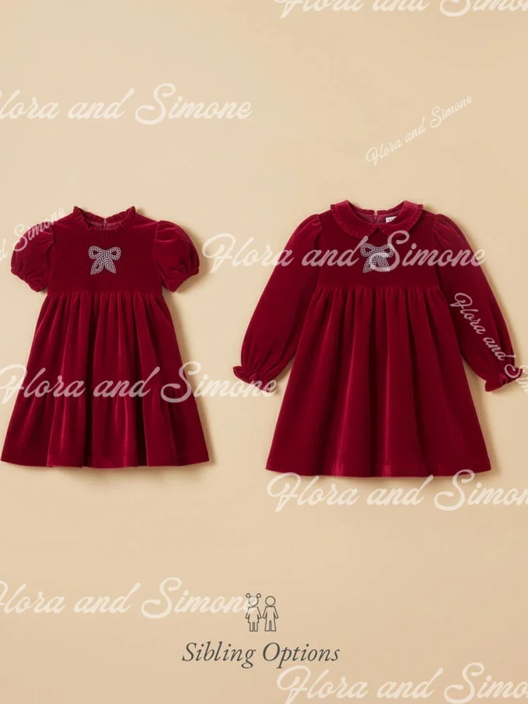Customized Red velvet bow Long sleeves Flower Girl Dress for Christmas celebration Wedding Ceremonies Formal Receptions Birthday