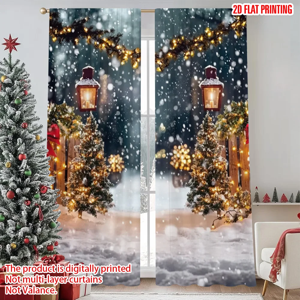 

2pcs 2D flat printing Christmas Curtain Christmas tree wreath red bow bell Durable 100% Polyester Fabric Without Electricity