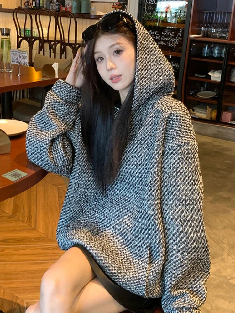 Woman Tops Baggy Autumn and Winter Hoodies Cold Hooded Tweed Sweatshirt for Women Loose Warm Thick Nice Color Sport Y 2k Vintage