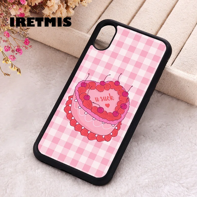 Iretmis Phone Cover Case For iPhone X XS Max XR 11 12 13 PRO MINI 14 15 16 Plus Rubber Silicone U Suck Pink Cherry Cake Gingham