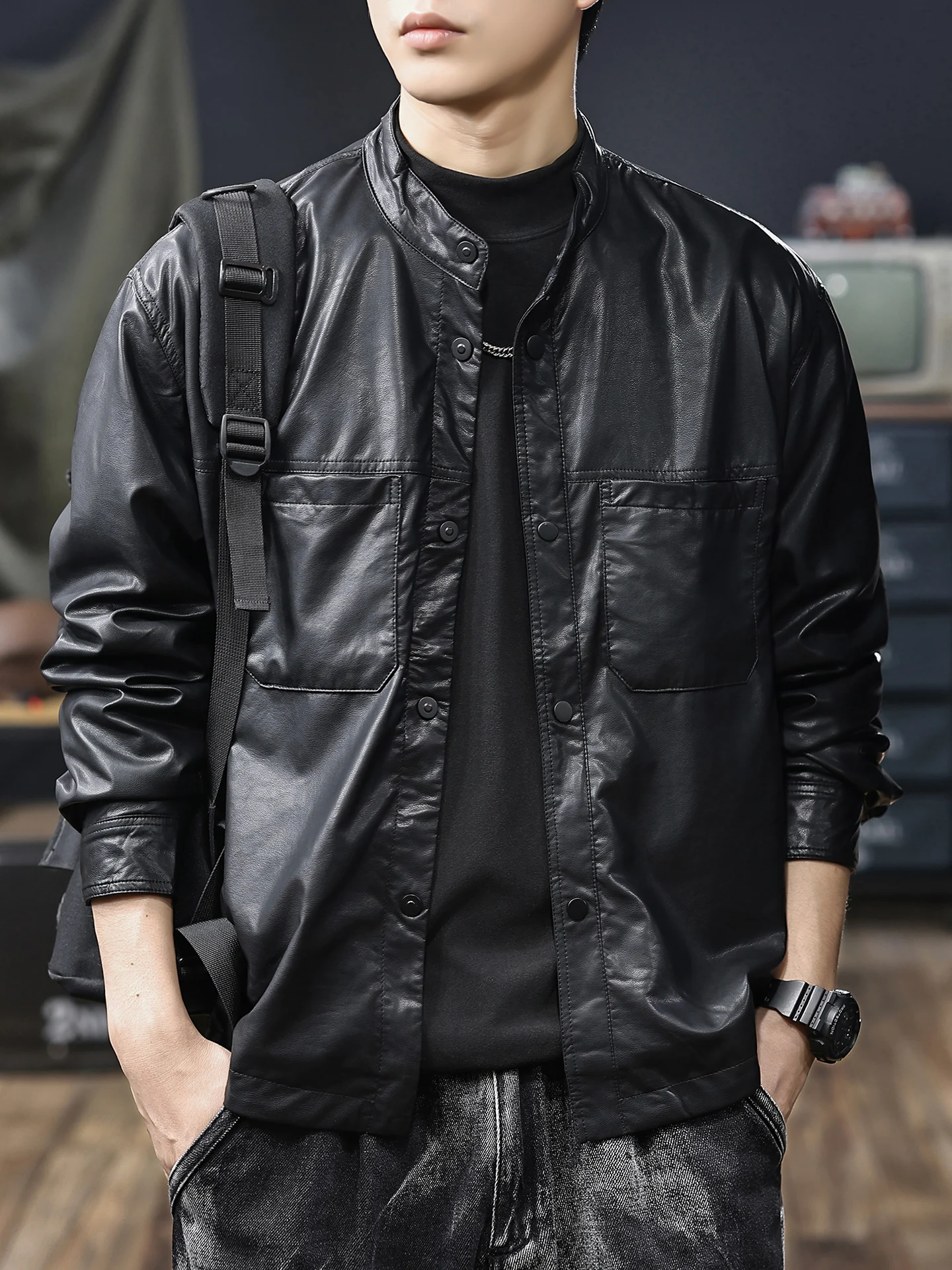 

American Retro Soft Leather Jaet Men's Long Sve Workwear Classic PU Leather Coat Windproof Warm Water Repellent Street S...