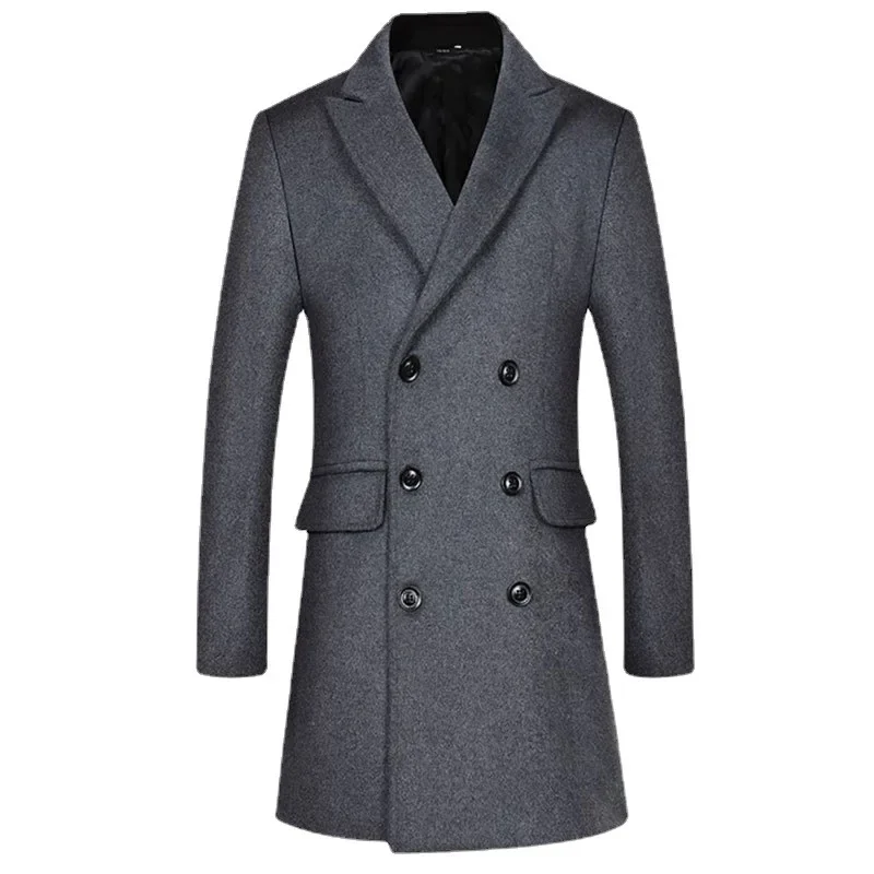 Autumn and winter woolen overcoat men's business casual double breasted medium length lapel coat