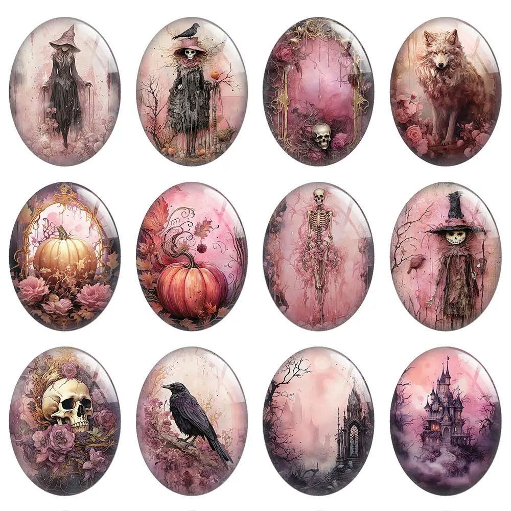 10pcs/lot Halloween Horror Gothic Pink Scarecrow Skull Wizard Raven Oval Photo Glass Cabochon Flatback Demo Cameo Diy Jewelry