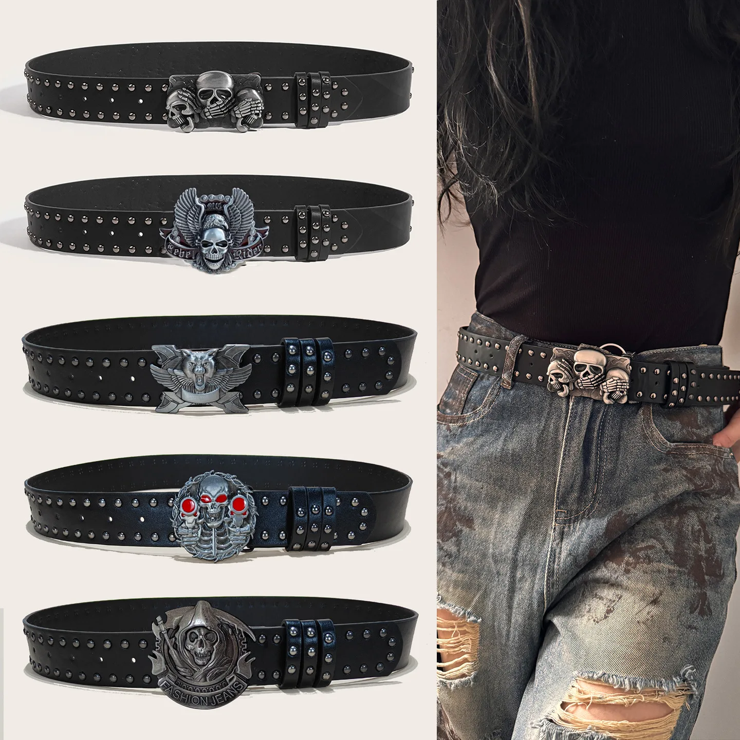 

Модный ремень 2026 года в европейском и американском стиле, новый тренд, мужской ремень с черепом, молодежный, женский, в стиле панк, на кнопках, для повседневных брюк
