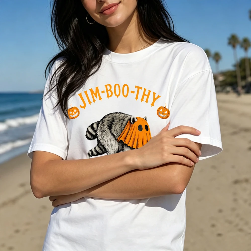 Funny Jim-Boo-Thy Raccoon Ghost Pumpkin Graphic T-Shirt Short Sleeve Cotton Summer Halloween Spooky Novelty Unisex Tee Y2k Top