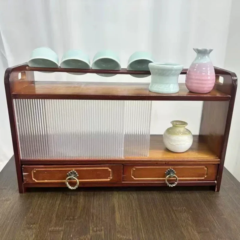 Desktop Tea Set Display Rack Small Cup Holder Storage Shelf Compact Tea Cabinet Bamboo Storage Cabinet with Acrylic Door
