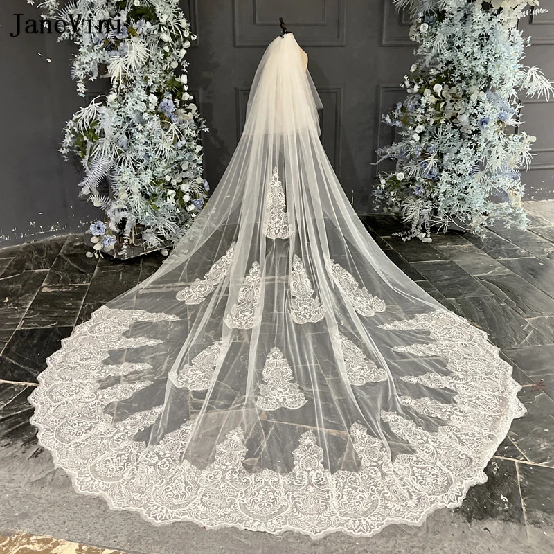 

JaneVini Real Photos Long Appliques Edge Wedding Veil Luxury Ivory Cathedral 2 Layer Tulle 4M Bridal Veils Wedding Accessories