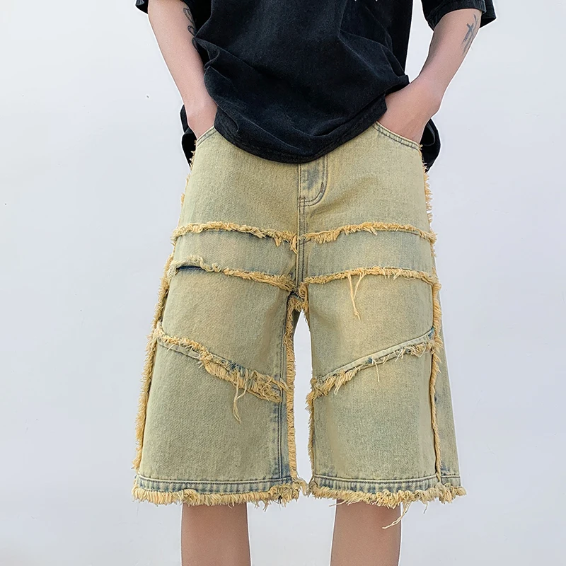 

Summer Men's Denim Shorts Yellow Clay Dye High Street American Retro Vibe Trendy Brand Frayed Knee-Length Five-To-Sixths