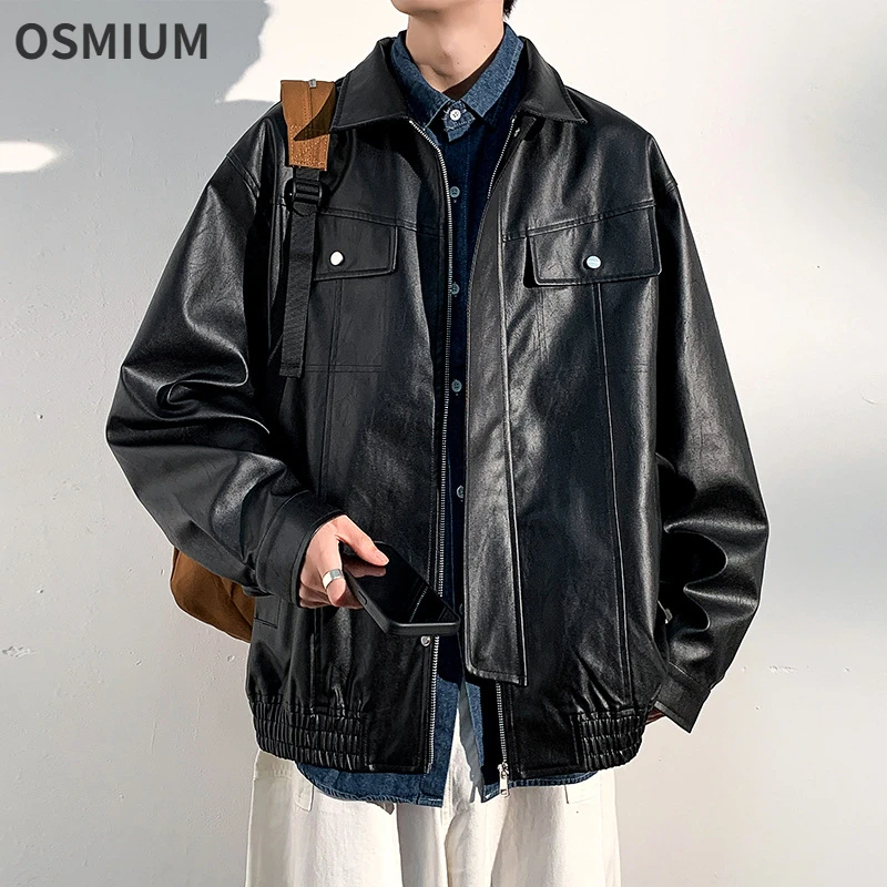 Men High Quality Faux Leather Jacket Boys Loose Streetwear PU Coat Casual Retro Green Motorcycle Leather Jacket Oversize M-3XL