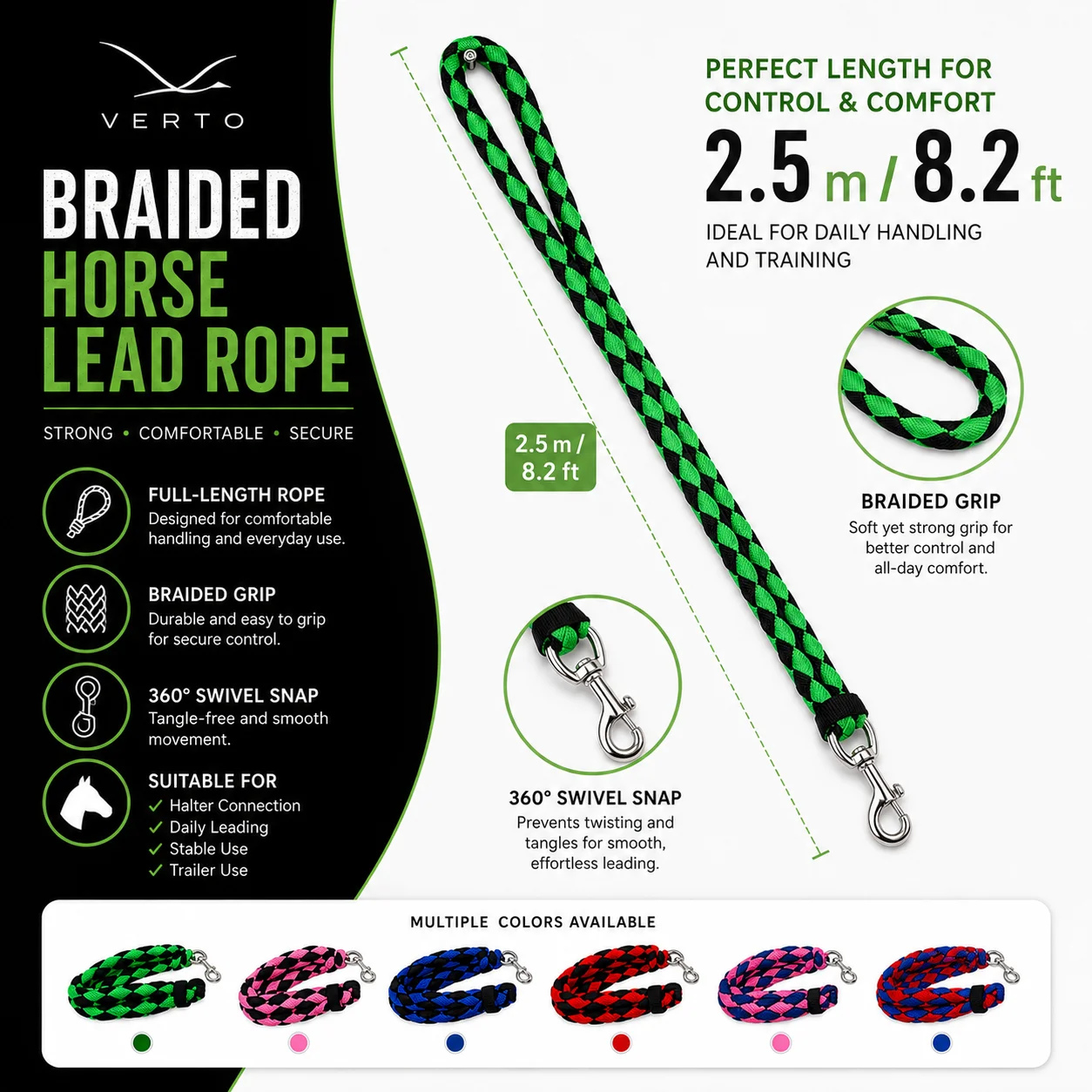 2.5m Soft Braided Horse Lead Rope Durable Nylon Equestrian Training Rope for Groundwork Stable Handling