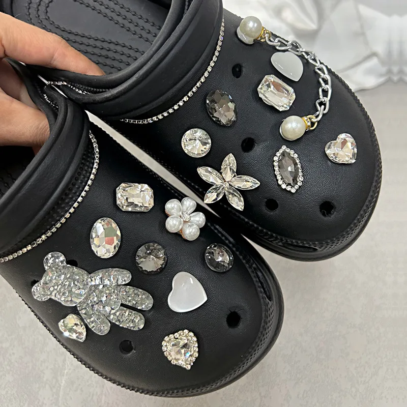 19PCS Fashion Shoe Charms Set Accessories Hole Shoe Buckle Shiny Bear Diamond Pearl Silver Chain DIY 3D Shoes Decorations image 5