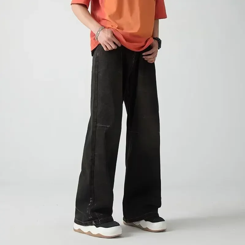 

Мужские брюки Корейская мода Повседневные брюки High Street Прямые свободные широкие джинсы Винтажные потертые черные мешковатые джинсы Мужская одежда