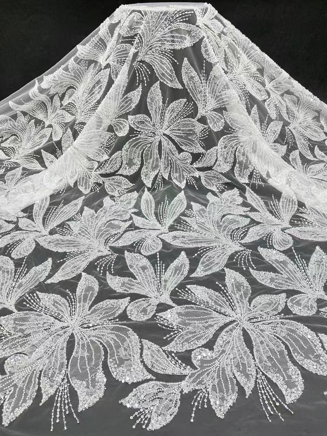 

New heavy beads lace mesh embroidery fabric, beautiful white bead tube sequins wedding dress fabrics