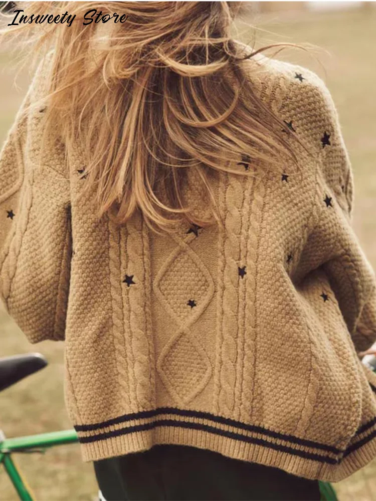 Elegante estrela impressão malha cardigan feminino solto manga longa único breasted camisola 2025 outono senhora moda macio aconchegante cobrir