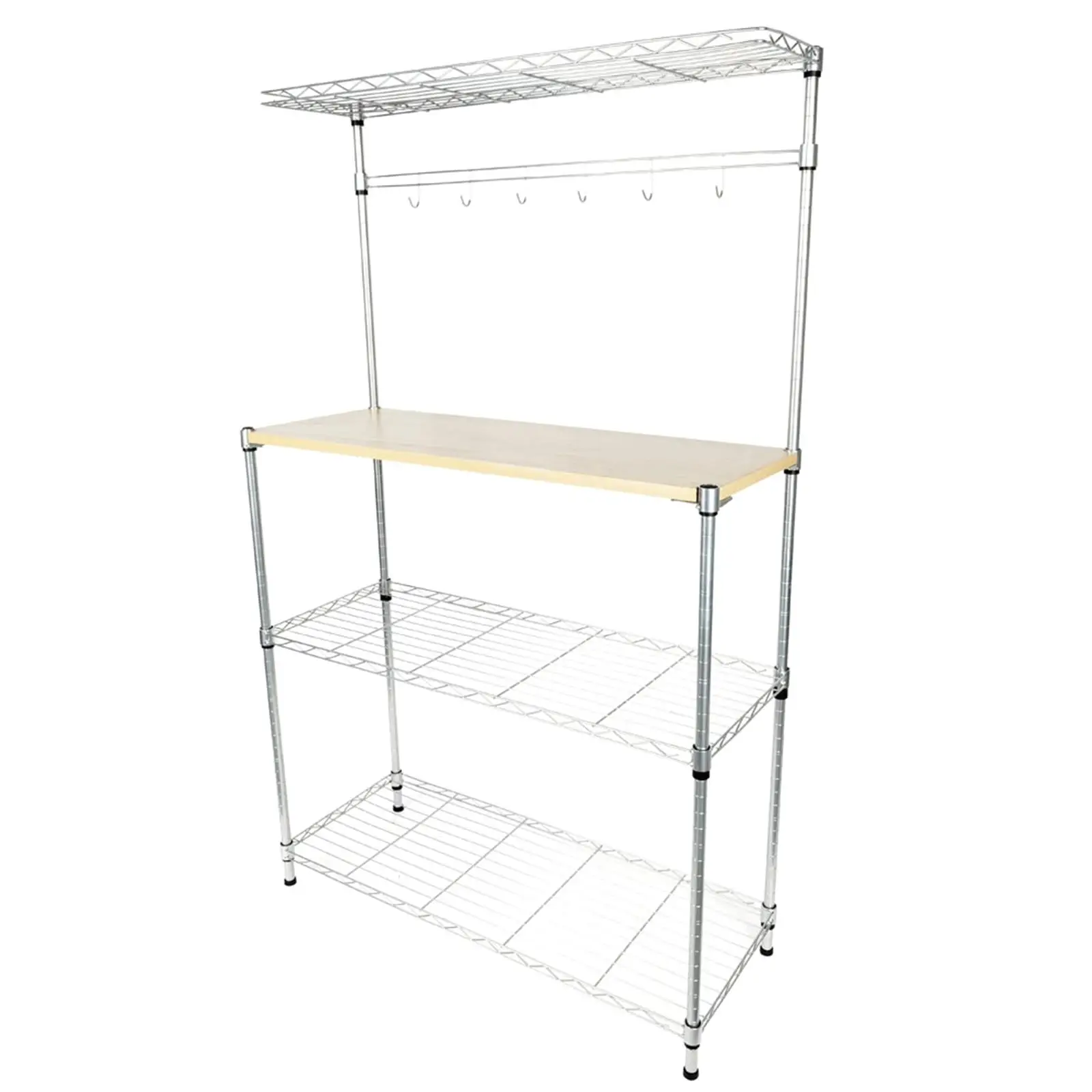 

4-Tier Powder Coated Baker's Rack with MDF & 6 Wave Rods - Microwave Oven Storage Solution - Silver