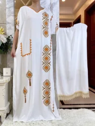 Latest Summer African Lady Dress With Big Lace Scarf   Cotton Embroider Loose Floral Boubou Maxi Islam Women Short Sleeve Abaya