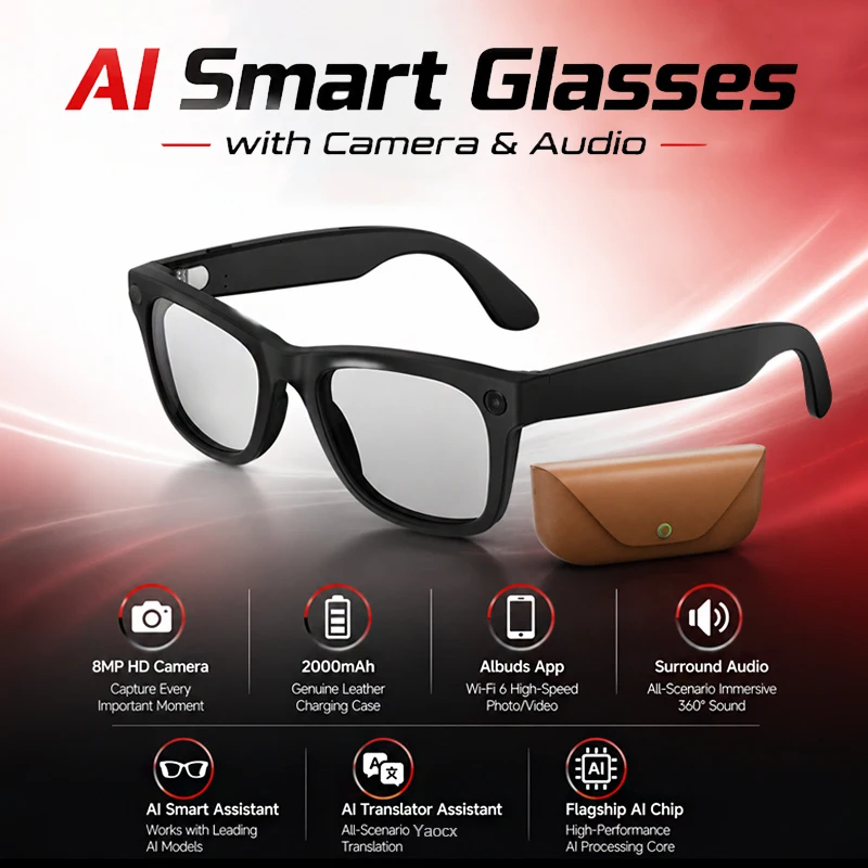 

2026 Al Smart Glasses 8MP HD Camera 2000mAh Charging Case Surround Audio Al Translator Smart Assistant Waterproof Smart Glasses