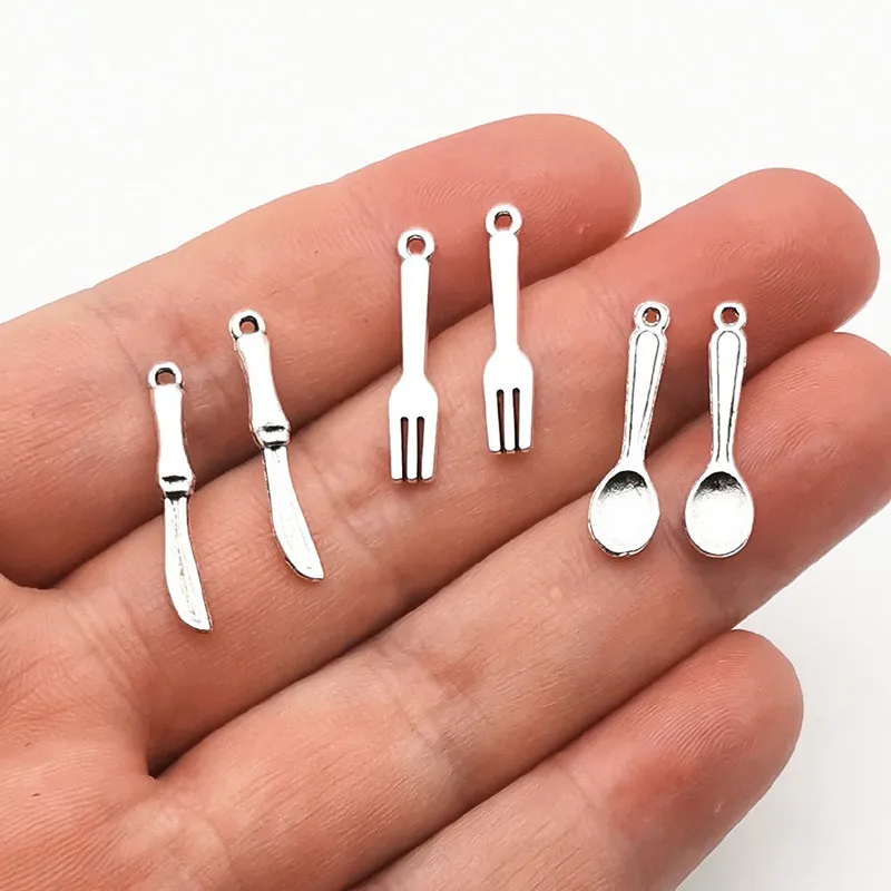 30Pcs/Lot Cutlery Charms Spoon Fork Steak Knife Charms Tibetan Silver Color Pendants DIY Jewelry Crafts Making Findings