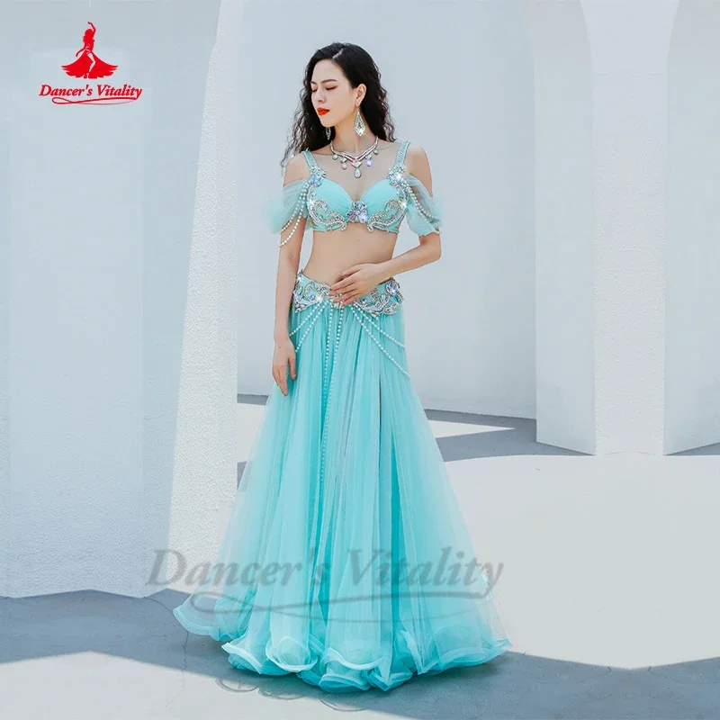 Belly Dance Performance Costume Senior AB Stones Bra Top+yarn Long Skirt 2pcs Customsized for Women Belly Dancing Popsong Suit