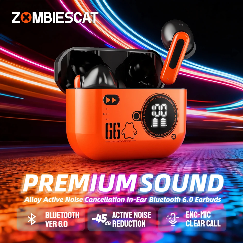 

Наушники Zombies Cat Alloy ANC Bluetooth 6,0, 45 дБ, наушники с активным шумоподавлением, динамический пространственный звук, беспроводные наушники TWS