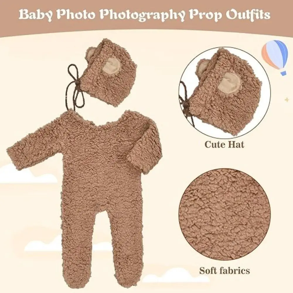 

Creative Newborn Photography Props Bear Design Plush Newborn Photoshoot Outfit Bear Ear Hat Footed Romper Newborn Prop Set