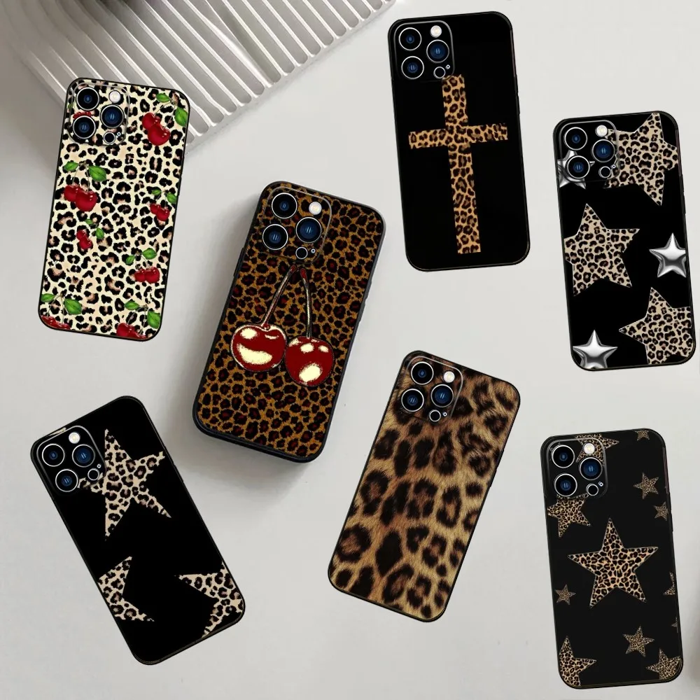 Leopard Print Cherry Star Phone Case For iPhone 16,15,14,13,12,11,Pro,X,XS,Max,XR,Plus,Mini Soft Silicone Black Shockproof TPU