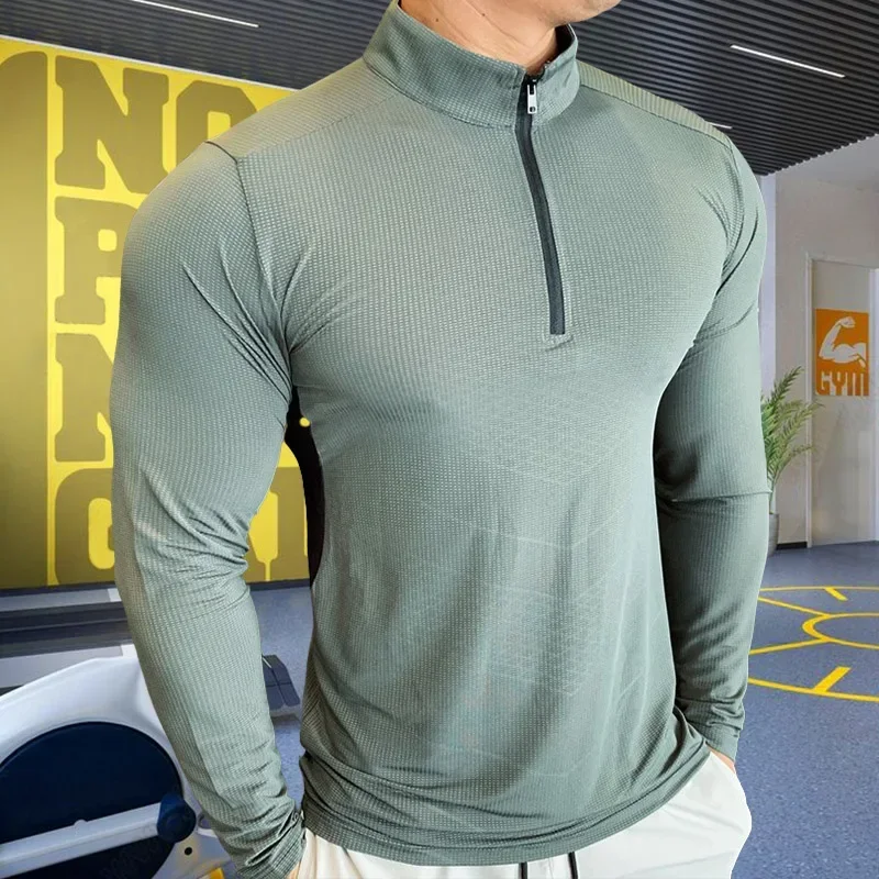 Mens Fitness Trainer Training Tshirts Tops Gym Workout Compression Sweatshirt for Running Football Jersey High Collar Sportswear