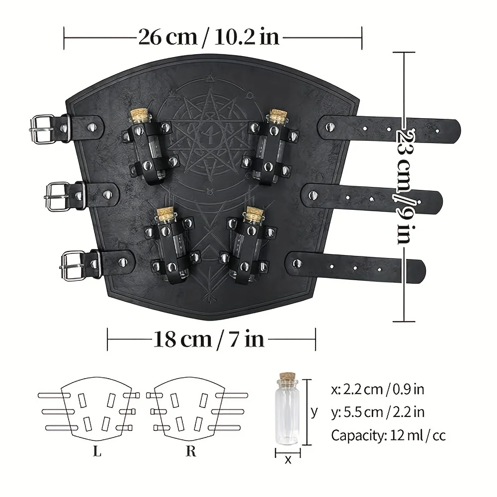 Medieval Embossed Alchemy Bracers, Equipped with 8 Cork Bottles, Fantasy Faux Leather Buckle Arm Guards, Magical Archer Gloves