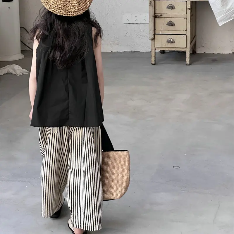 2026 Summer Baby and Girls Cotton Plain Black t-Shirt Tops+Striped Shorts Pant Sets School Kids 2PCS Tracksuit Children Outfit