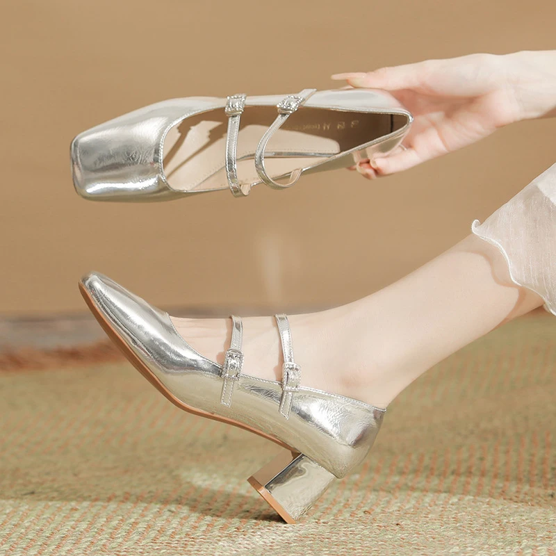 

silver Mary Jane women's shoes with double straps5CMNew style women's slip-on shoes with chunky heel and diamond buckle in
