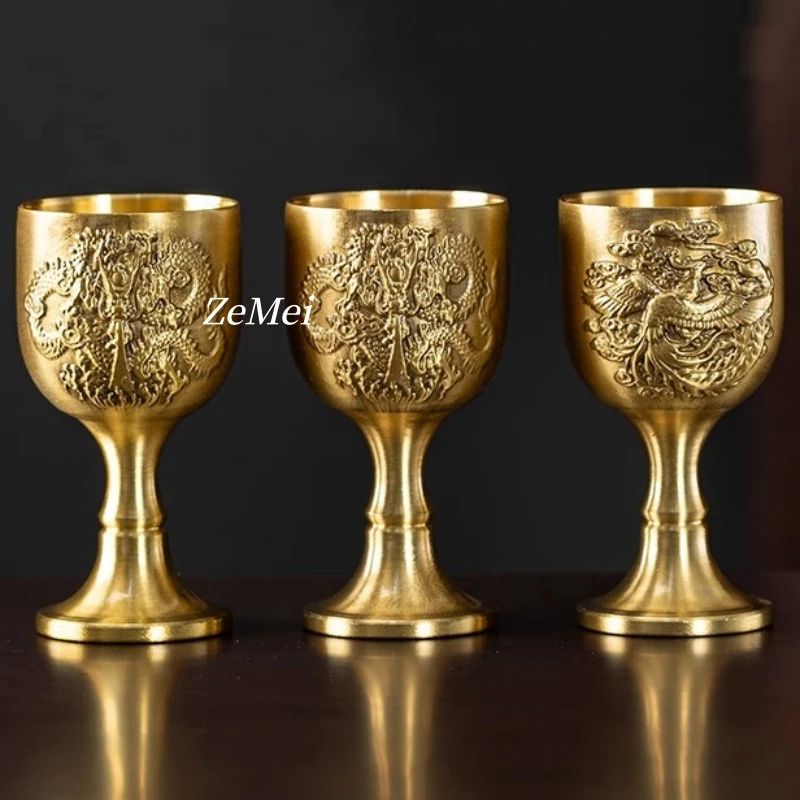 1pcs Vintage Bronze Goblet Cup,Light Luxury Vodka Glass,Engraving Dragon and Phoenix Texture Drinking Cup,Gift Home Decoration