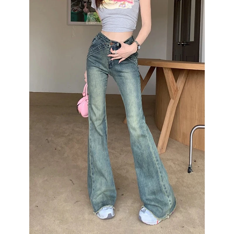 

ZHIZOU Women's American Retro Low Rise Flare Jeans Skinny Stretch Denim Pants Long Trousers Japanese Y2k Cowboy High Street New