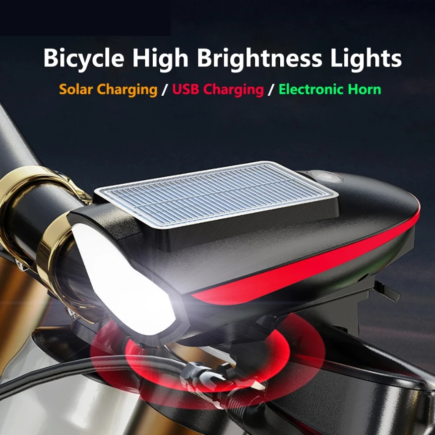 

Bicycle Light Horn USB Bike Headlight 1200mAh Led Solar Power MTB Bike Electric Bell 140dB Night Riding Bicycle Accessories