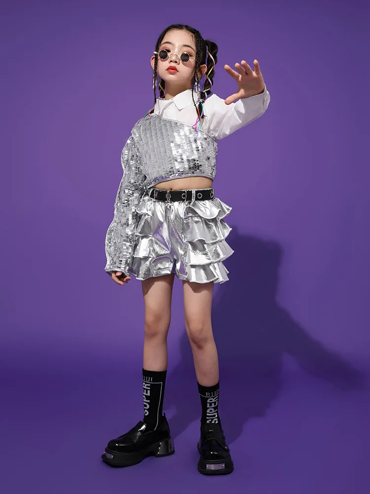 Girls Hip Hop Crop Top Sequins Silver Shorts Clothes Sets Kids Jazz Sleeves Outfits Child Streetwear Street Dance Stage Costume